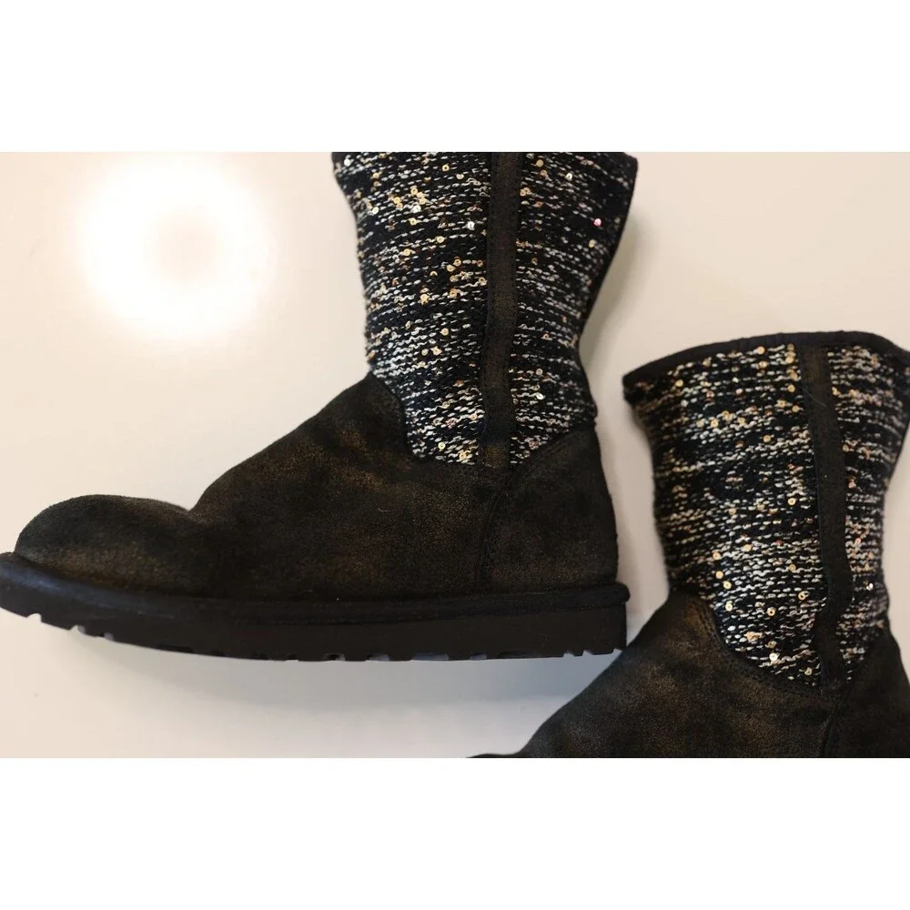UGG Lyla Women's Gold/Black Metallic Leather Sequin Knit Ankle Boots Size 7